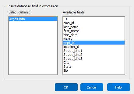 Insert database field dialog. The department i d is selected as a field to insert into the expression.